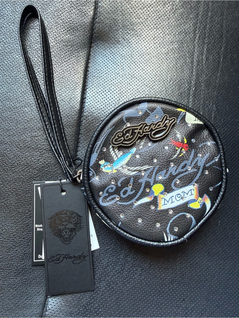 Ed Hardy Black Round Wristlet Clutch with Colorful Tattoo Print